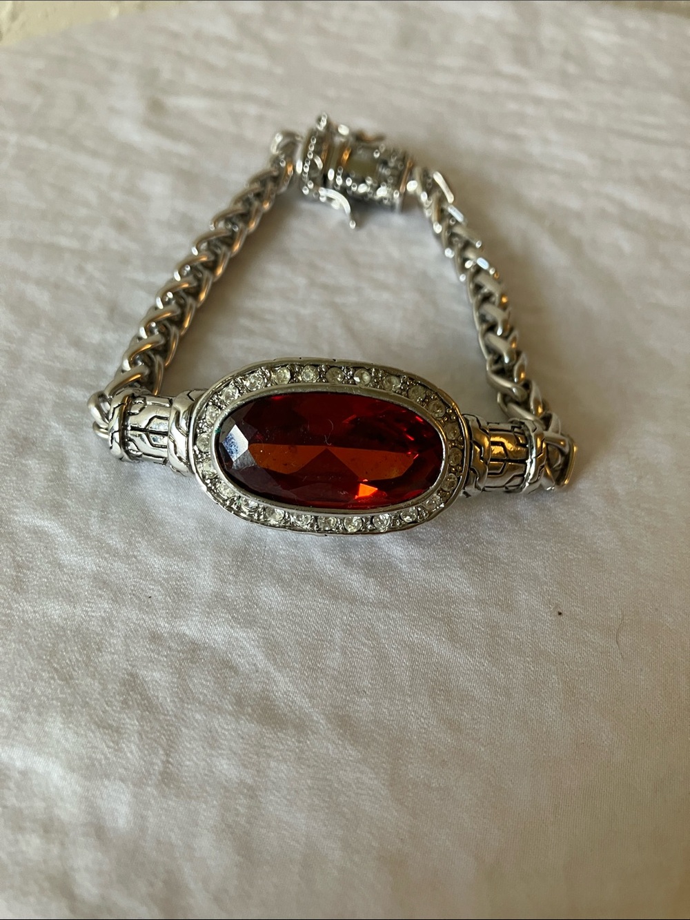 Silver Tone Bracelet- Deep Red Oval Gemstone & Clear Crystal Halo